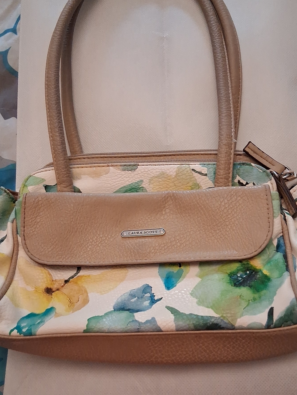 Laura Scott Beige Floral Shoulder Bag with Green, Yellow and Blue Accents